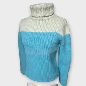 Vintage Y2K GAP Chunky Turtleneck Sweater Wool Blend Colorblock Blue Medium